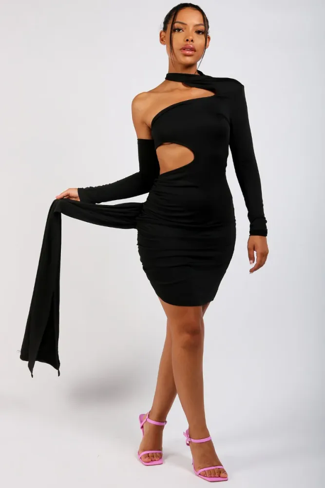 LONGSLEEVE CUT OUT RUCHED DRESS