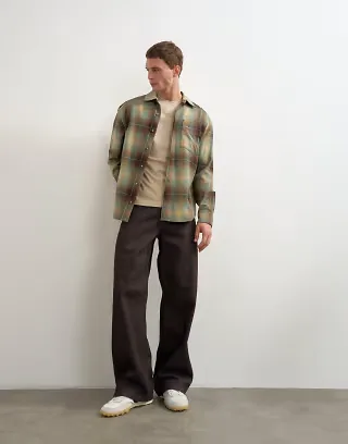 Topman relaxed fit brushed cotton check overshirt in brown and yellow