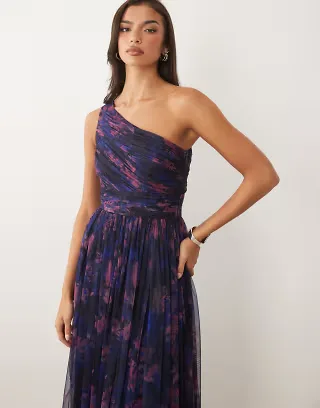Lace & Beads Bridesmaid one shoulder scarf neck maxi dress in dark blue floral