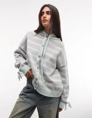 Daisy Street button down hooded sweater in teal gray striped print