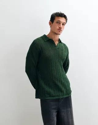 ASOS DESIGN oversized long sleeve knit crochet polo in khaki