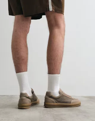ASOS COLLECTIVE Made In Portugal lace up premium leather and suede sneakers in taupe