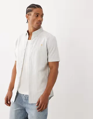 Farah Brewer short sleeve logo striped shirt in brown/white