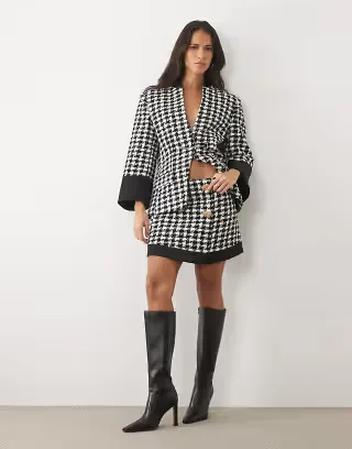ASOS LUXE oversized tailored jacket in oversized dogtooth with chain detail and mini skirt in mono