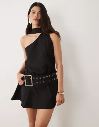 Kaiia exclusive halter scarf detail chunky eyelet belted mini dress in black