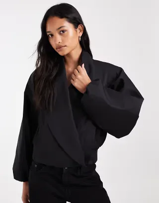 ASOS DESIGN shawl collar wrap bomber jacket in black