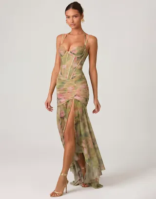 Oh Polly occasion corset detail thigh split gown in green floral