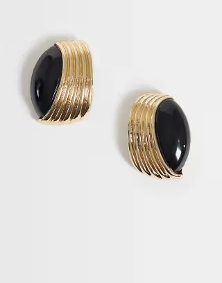 ASOS DESIGN stud earrings with black stone set and gold tone design