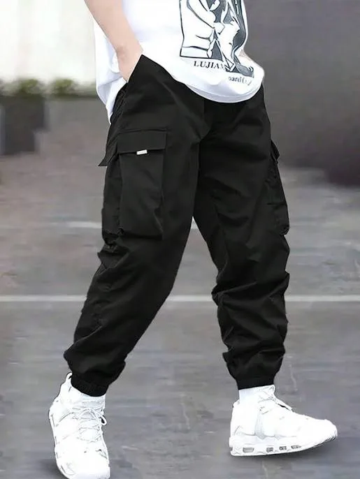 Black Cargo Pants Youth Boys Joggers Sweatpants Fashion Loose Fit Elastic Waist Pocket Decorative Ankle-Tied Polyester G