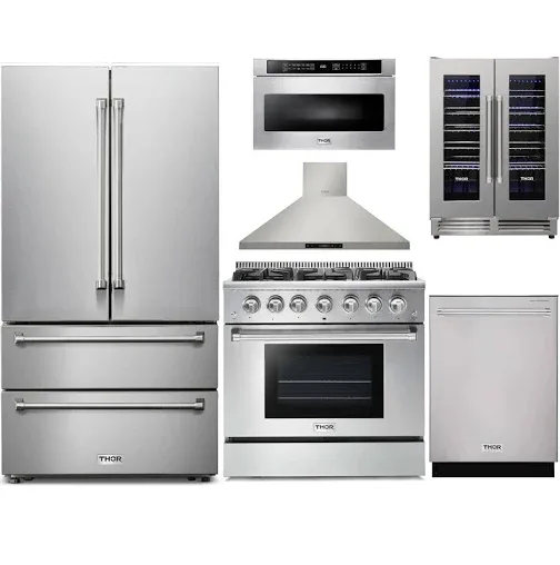 Thor Kitchen 6-Piece Pro Appliance Package - 36-Inch Gas Range, French Door Refrigerator, Wall Mount Hood, Dishwasher, M