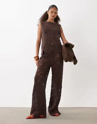 ASOS DESIGN crochet knit pants in chocolate - part of a set