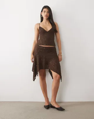 Motel sequined tank top & handkerchief hem sequined midi skirt set in brown