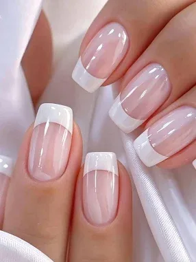 24Pcs White French Tip Press On Nails Acrylic Designs Short Square Glossy Classic Colorblock Jelly Reusable Fake Nails K