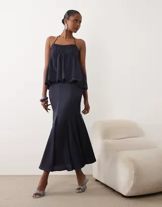ASOS DESIGN satin bubble godet dress with tassel tie in navy