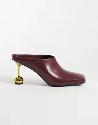 JW PEI Sofia square toe heeled mules in burgundy