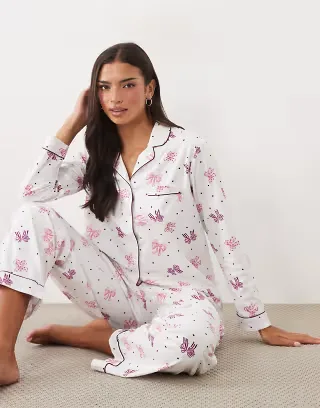 Boux Avenue long sleeve revere shirt and trouser PJ set in a bag in white bow and spot print