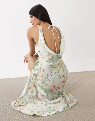 Hope & Ivy cowl neck lace trim satin midi dress in sage green floral