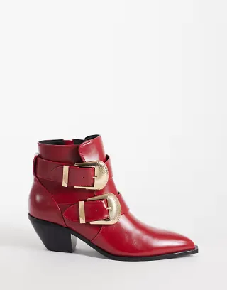 ASOS DESIGN Ruben boho buckle heeled ankle boots in red