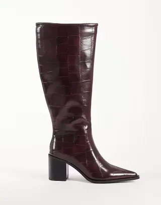 Glamorous pointed toe block heeled knee boots in burgundy croc
