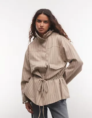 ASOS DESIGN funnel neck jacket with peplum hem in khaki stripe