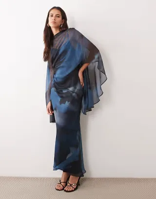 ASOS DESIGN kimono sleeve cape detail draped midaxi with open back in blue & black marble print