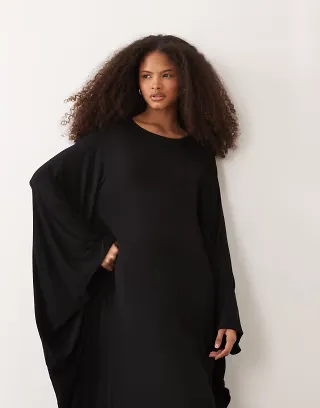 IYAL jersey dramatic wide sleeve detail kaftan maxi dress in black