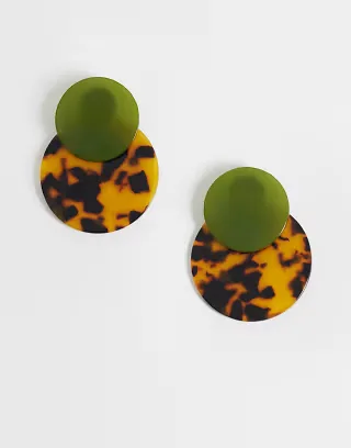 ASOS DESIGN earrings with double drop faux-shell discs in green and tort resin