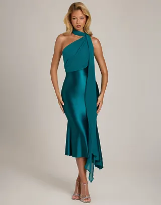 Oh Polly satin jersey one shoulder sheer chiffon bust scarf detail asymmetric hem midi dress in teal