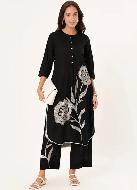 Rangmanch By Pantaloons Jet Black Regular Fit Floral Print Kurta