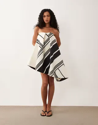 ASOS DESIGN smock mini dress with asymmetric hem in mono striped print