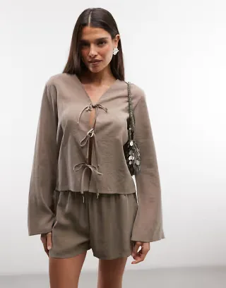 Belier soft touch tie front long sleeve shirt set in taupe