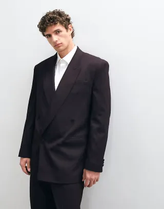 ASOS DESIGN relaxed double breasted suit jacket in burgundy metallic pinstripe