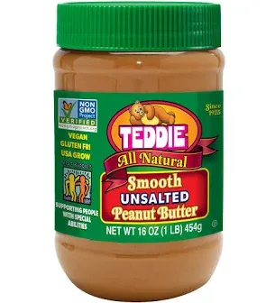 Teddie All Natural Smooth Peanut Butter, Gluten Free & Vegan, Plastic Jar (16 Ounce (Pack Of 1))