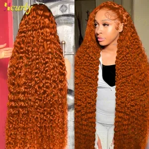 Orange Deep Wave Lace Front Wig, Curly Human Hair 30-50 in, 250% Density, Half Machine Made, Ginger Lace Frontal Hairpie