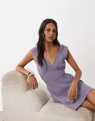 ASOS DESIGN v neck mini dress in blue gingham