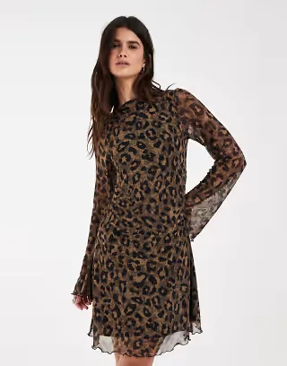 JJXX wide sleeve mini dress in leopard print