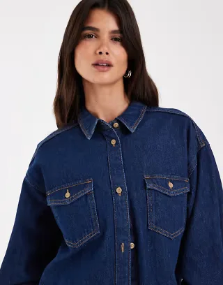 JJXX Bella oversized denim shirt in dark blue