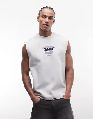 Aape by A Bathing Ape loose fit sleeveless tank in gray with chest and back print