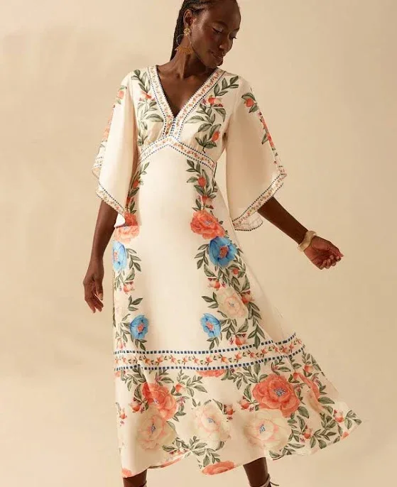 CAJUNI Multicolor Floral Print Boho Deep V-Neck Batwing Sleeve A-Line Maxi Dress Wedding Guest Women Summer Party Ruffle