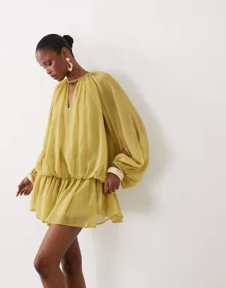 ASOS DESIGN chiffon blouson mini dress with plait neck detail in olive green
