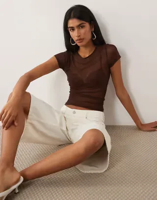ASOS DESIGN sheer mesh baby tee in chocolate