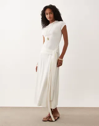 ASOS DESIGN short sleeve midi dress with tie waist in cream