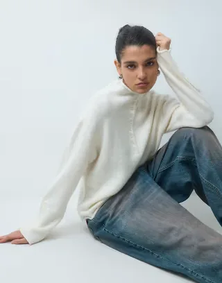 Gina Tricot wide sleeve high neck knitted top with button detail in cream