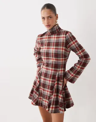 ASOS DESIGN funnel neck tailored godet mini dress in red plaid