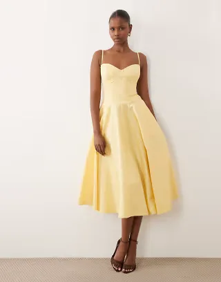 TFNC cotton cami cup detail full skirt midi dress in lemon
