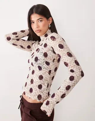 AFRM Zadie mesh turtleneck long sleeve top in brown polka dot