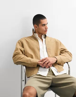 ASOS DESIGN boxy oversized zip up funnel neck jacket in tan