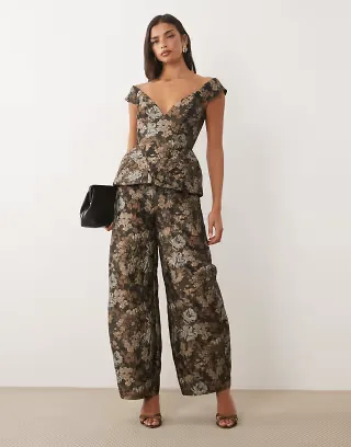 ASOS LUXE off the shoulder top and barrel leg pants set in floral jacquard