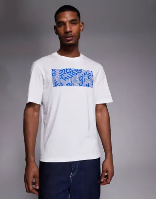 HUGO Blue Nierofix chest print graphic T-shirt in white