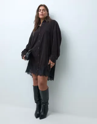 ASOS DESIGN Curve velvet oversized shirt mini dress with lace hem in black velvet